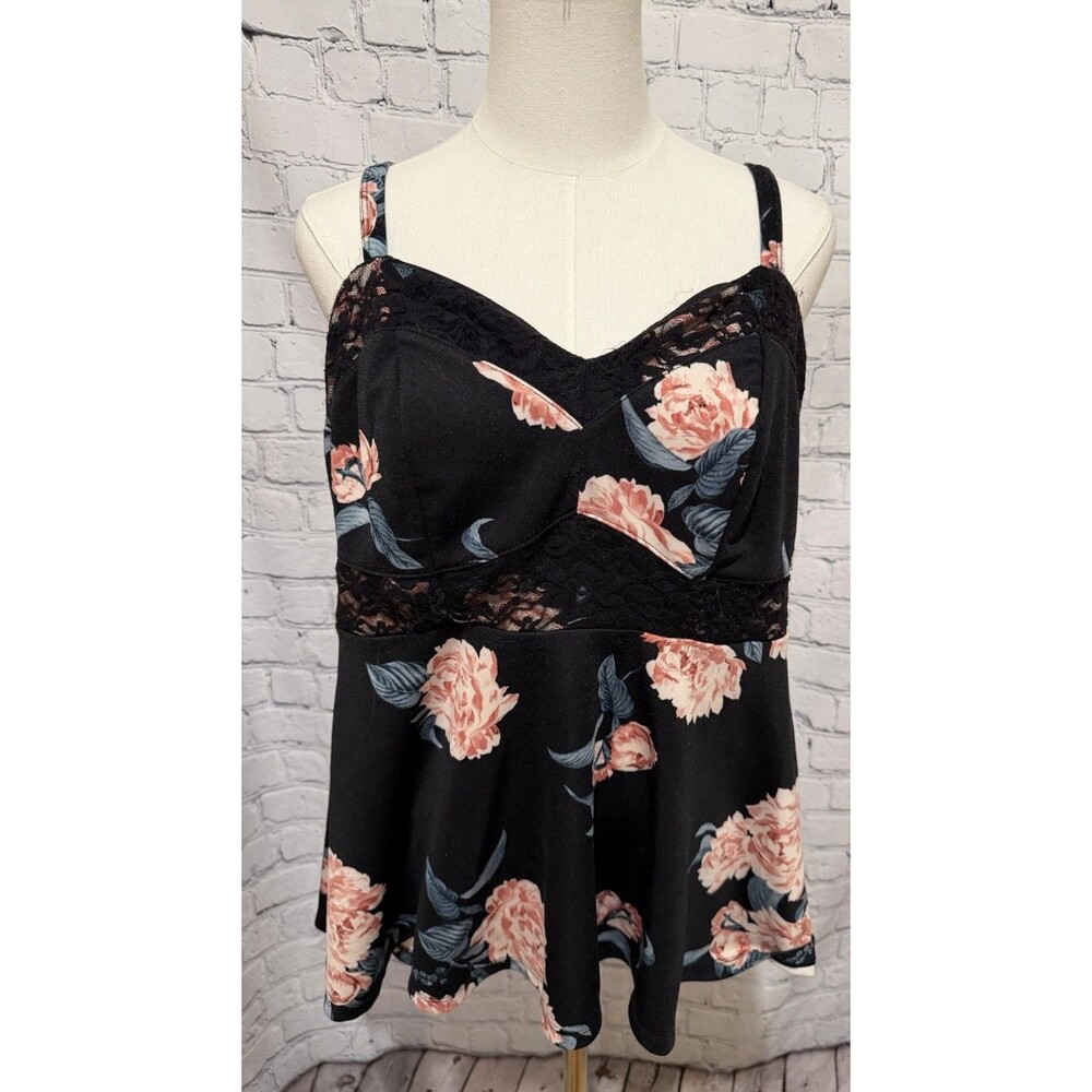 Torrid Women's Black Floral Empire Waist Tank Top Sleeveless Lace Trim 0 Large
